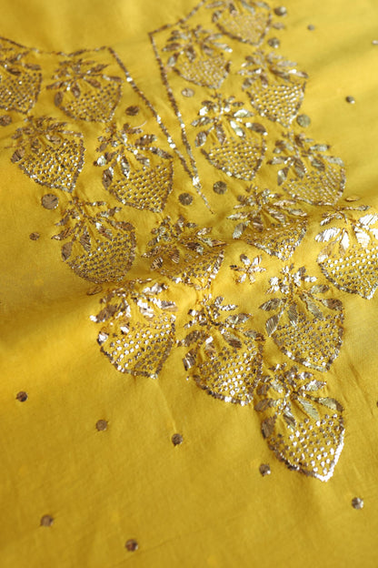Gold Yellow Chanderi Silk Mukaish Badla Unstitched Fabric