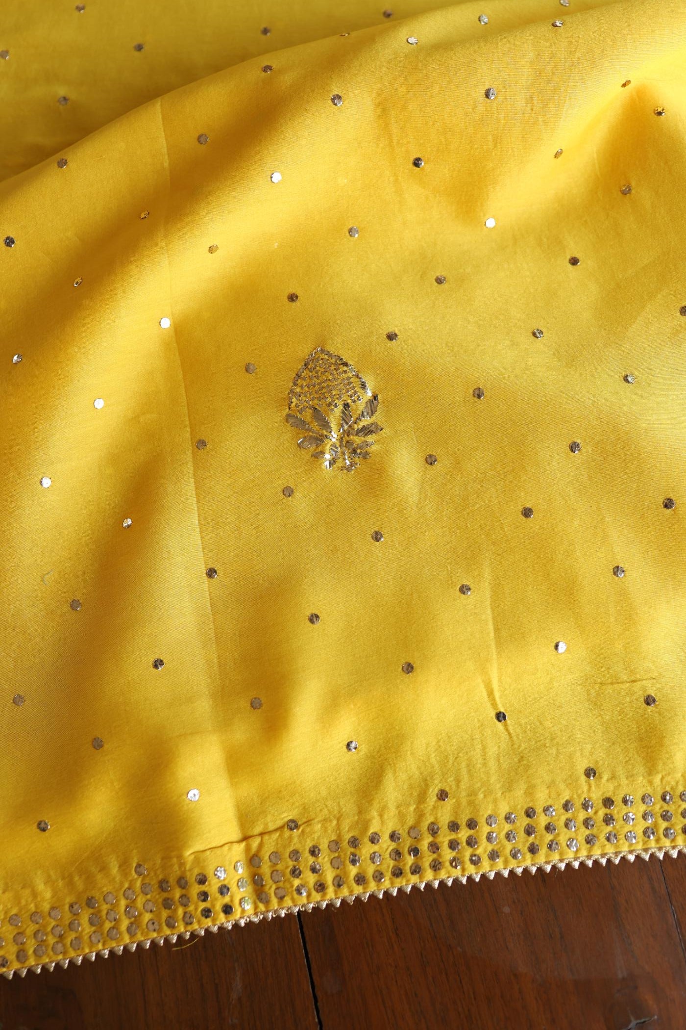 Gold Yellow Chanderi Silk Mukaish Badla Unstitched Fabric