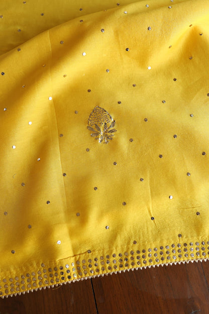Gold Yellow Chanderi Silk Mukaish Badla Unstitched Fabric