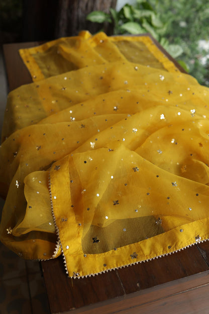 Gold Yellow Chanderi Silk Mukaish Badla Unstitched Fabric