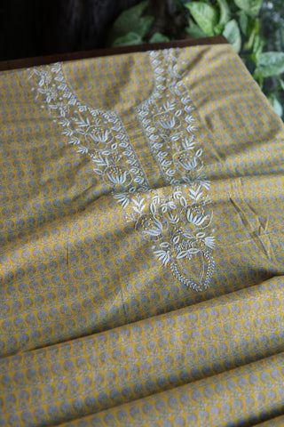 Gold Yellow Floral Cotton Kurta Fabric with Chikankari Embroidered Neckline