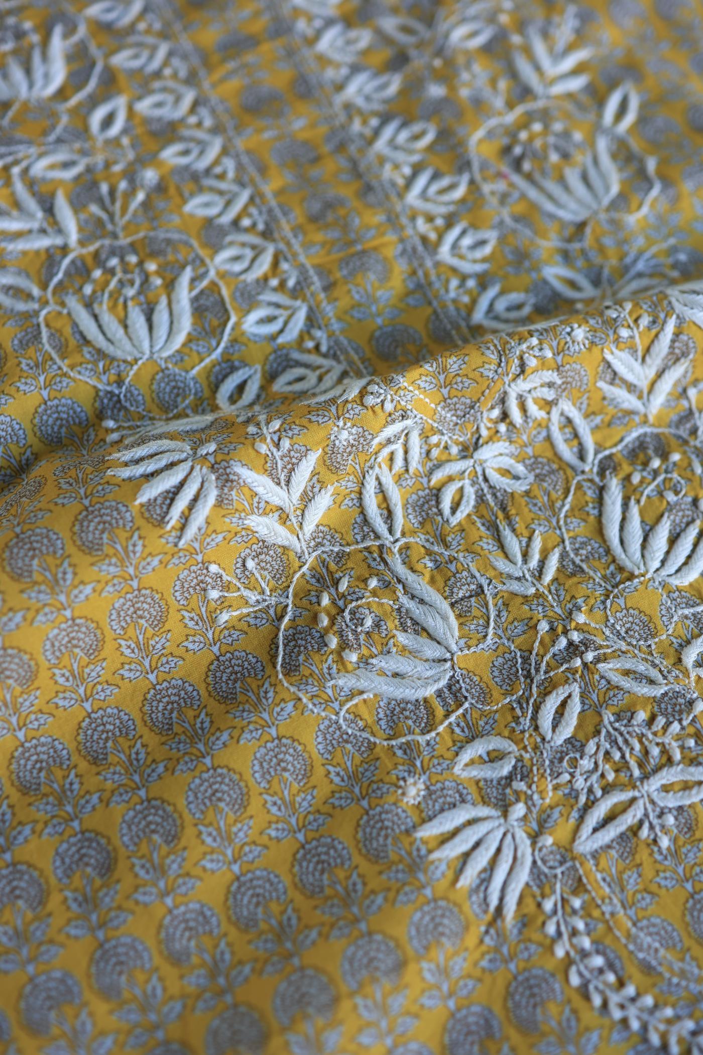 Gold Yellow Floral Cotton Kurta Fabric with Chikankari Embroidered Neckline