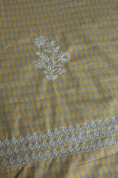 Gold Yellow Floral Cotton Kurta Fabric with Chikankari Embroidered Neckline