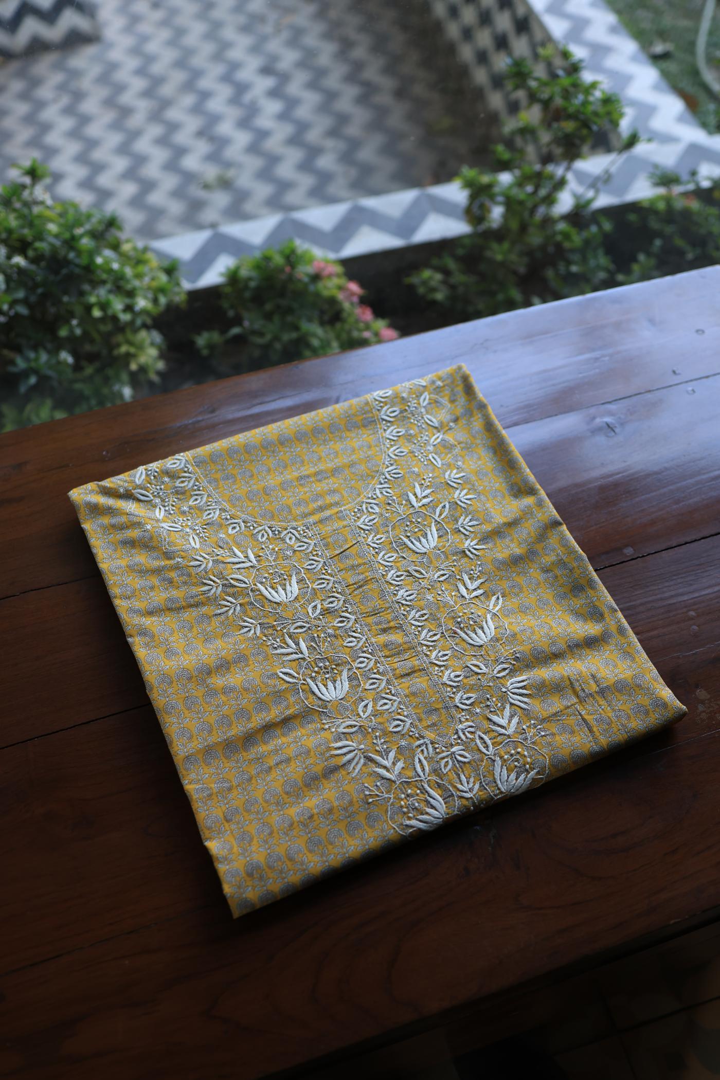 Gold Yellow Floral Cotton Kurta Fabric with Chikankari Embroidered Neckline
