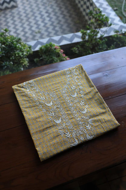 Gold Yellow Floral Cotton Kurta Fabric with Chikankari Embroidered Neckline