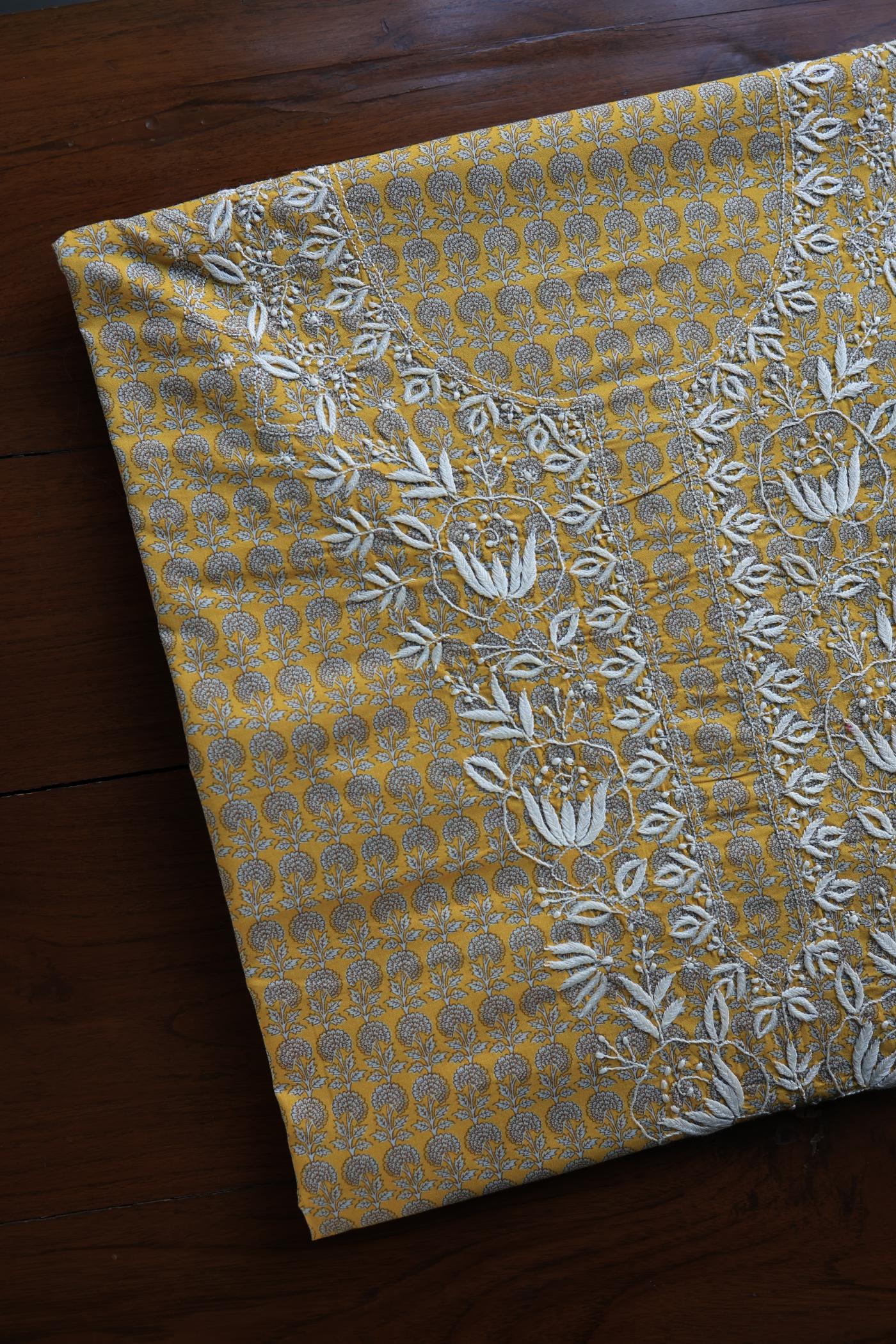 Gold Yellow Floral Cotton Kurta Fabric with Chikankari Embroidered Neckline