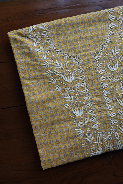 Gold Yellow Floral Cotton Kurta Fabric with Chikankari Embroidered Neckline