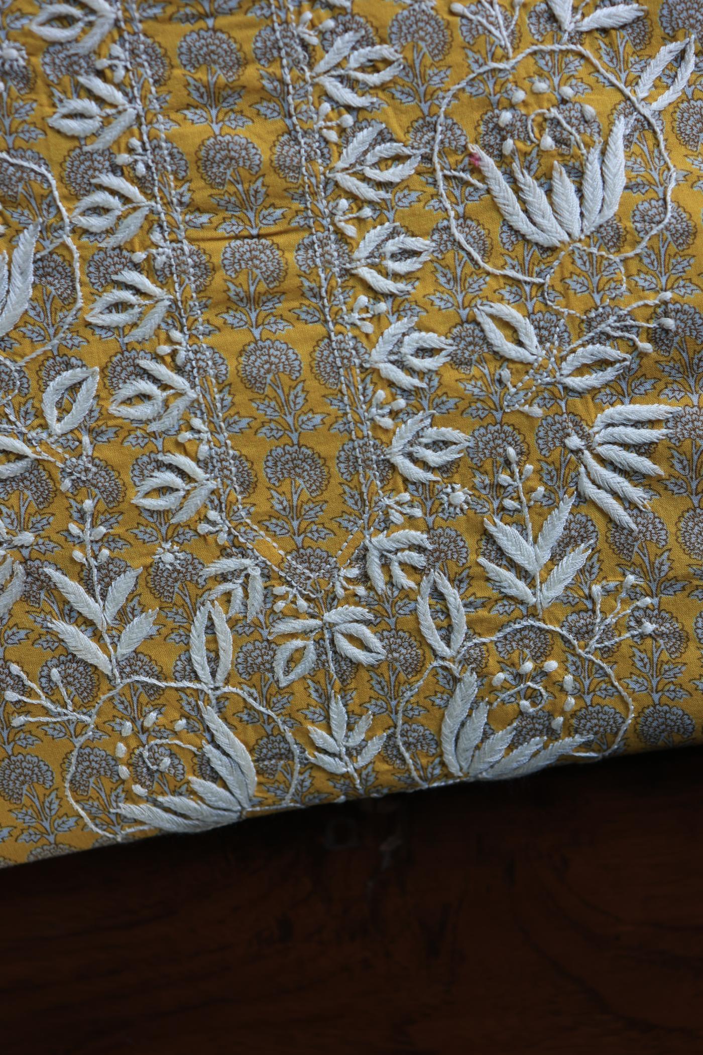 Gold Yellow Floral Cotton Kurta Fabric with Chikankari Embroidered Neckline