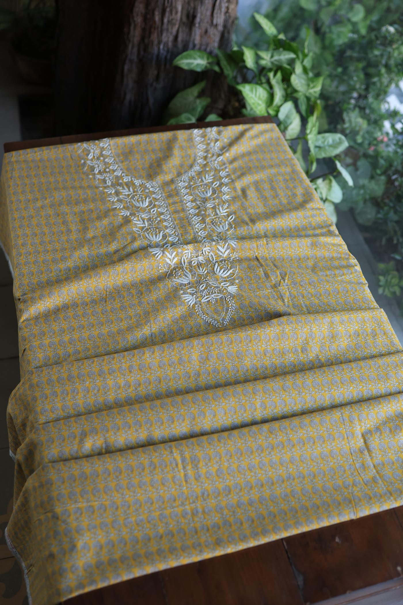 Gold Yellow Floral Cotton Kurta Fabric with Chikankari Embroidered Neckline