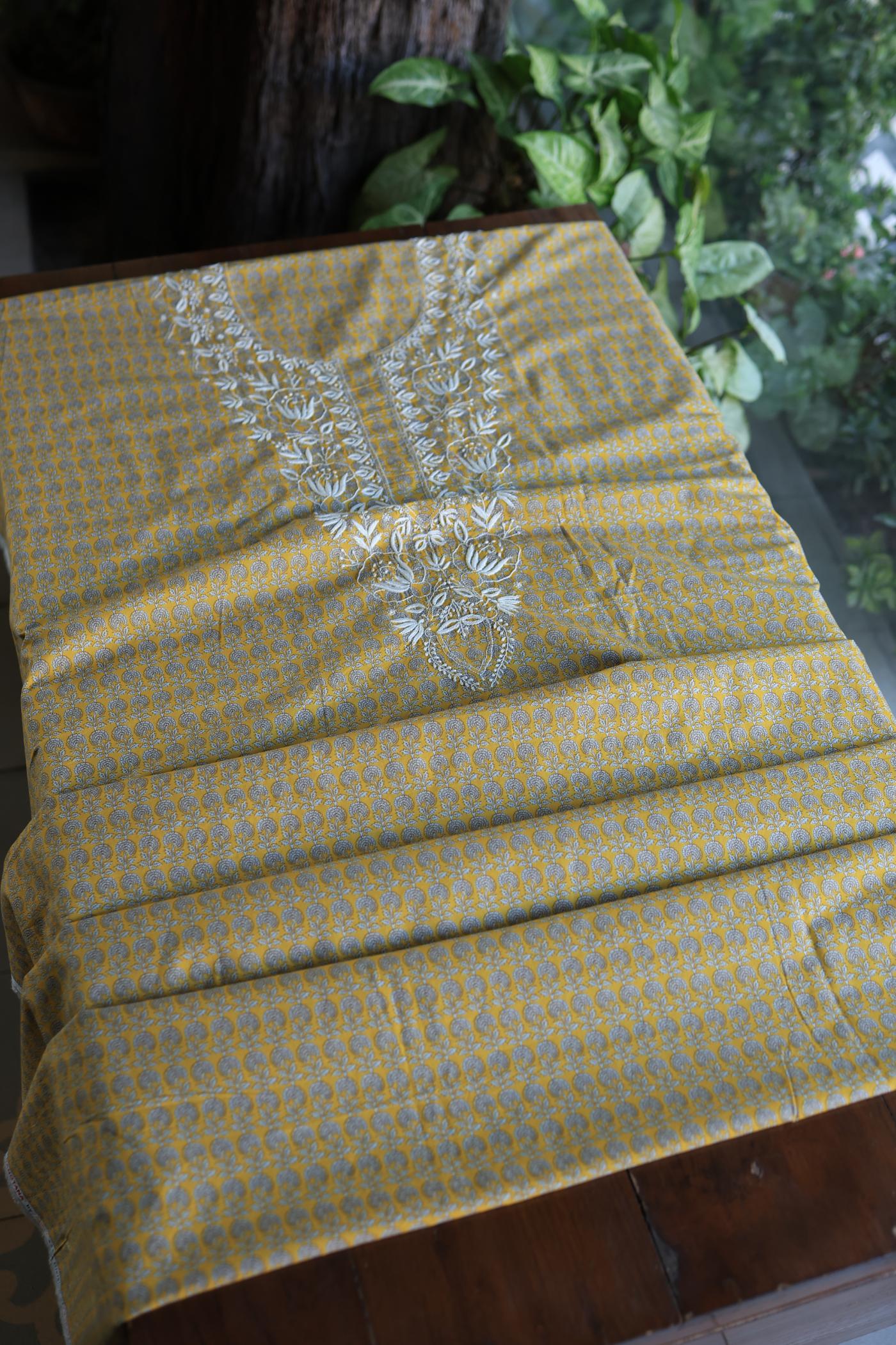 Gold Yellow Floral Cotton Kurta Fabric with Chikankari Embroidered Neckline