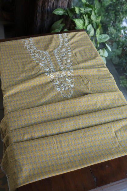 Gold Yellow Floral Cotton Kurta Fabric with Chikankari Embroidered Neckline