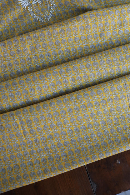 Gold Yellow Floral Cotton Kurta Fabric with Chikankari Embroidered Neckline