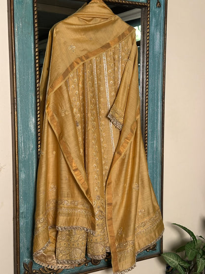 Gold Yellow Moonga Silk Chikankari Anarkali With Dupatta