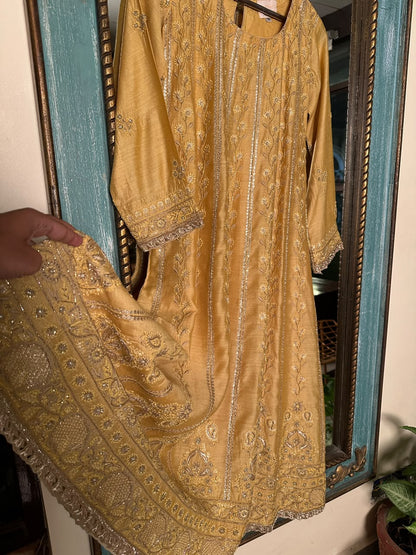 Gold Yellow Moonga Silk Chikankari Anarkali With Dupatta