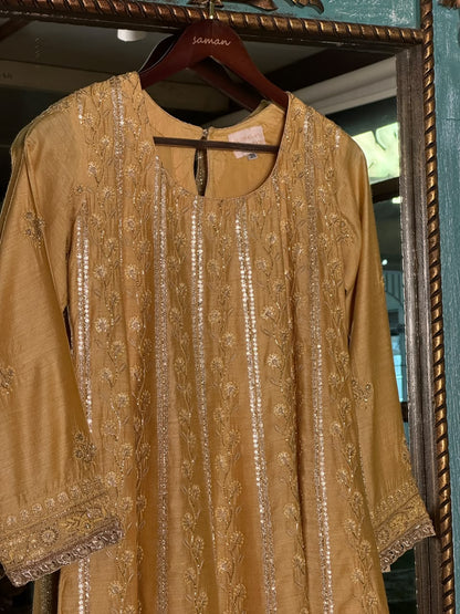 Gold Yellow Moonga Silk Chikankari Anarkali With Dupatta