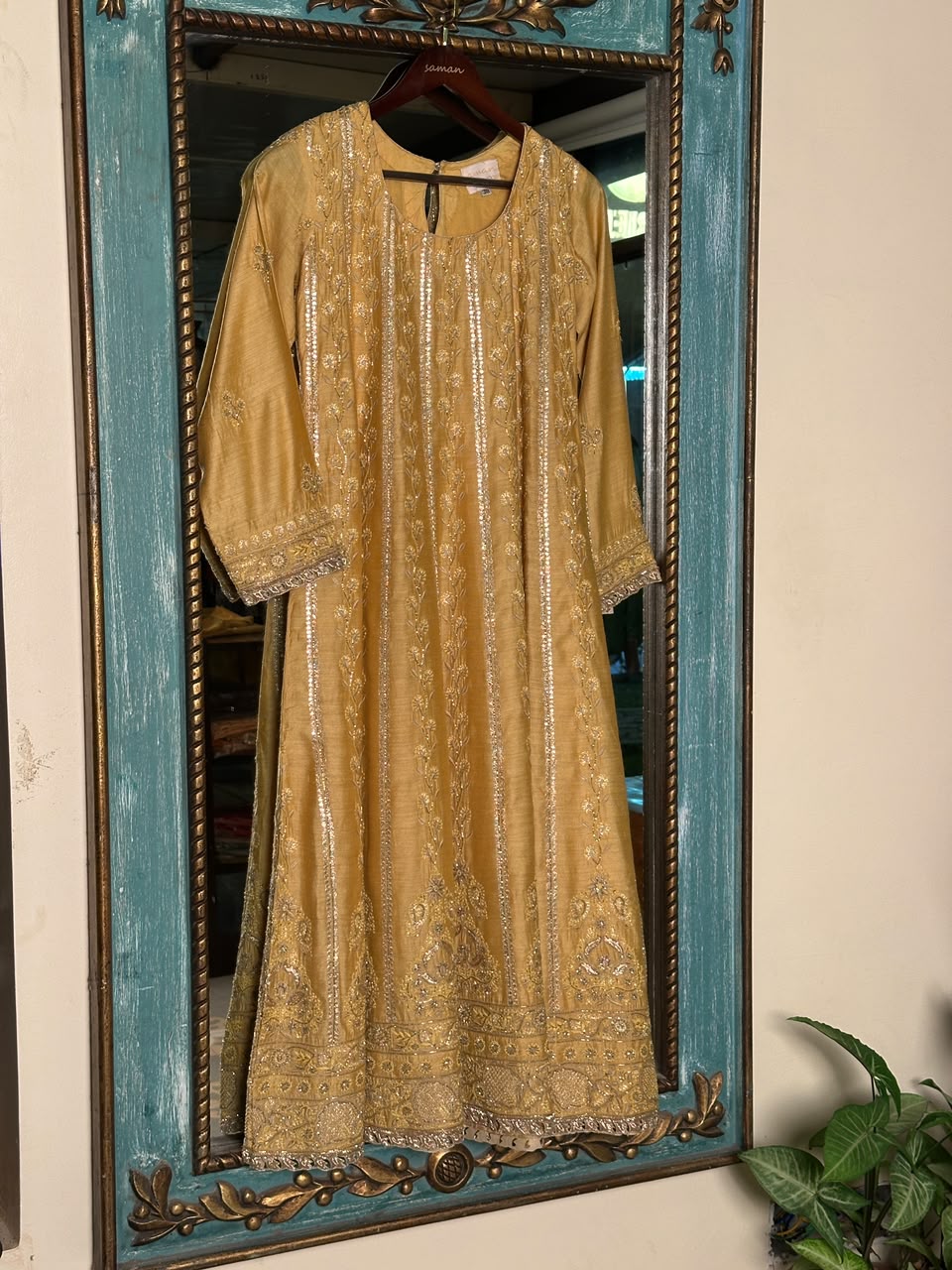 Gold Yellow Moonga Silk Chikankari Anarkali With Dupatta