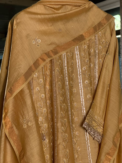 Gold Yellow Moonga Silk Chikankari Anarkali With Dupatta