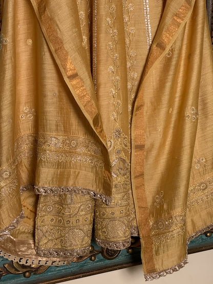 Gold Yellow Moonga Silk Chikankari Anarkali With Dupatta