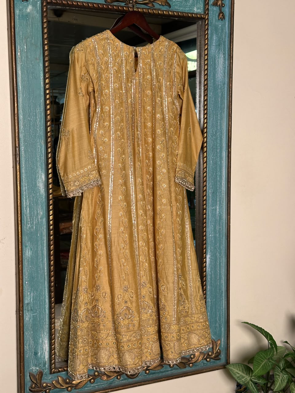 Gold Yellow Moonga Silk Chikankari Anarkali With Dupatta