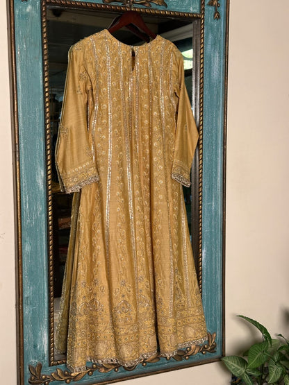 Gold Yellow Moonga Silk Chikankari Anarkali With Dupatta