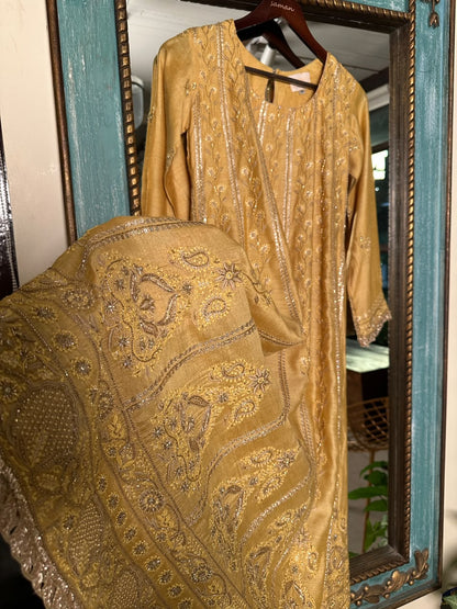 Gold Yellow Moonga Silk Chikankari Anarkali With Dupatta