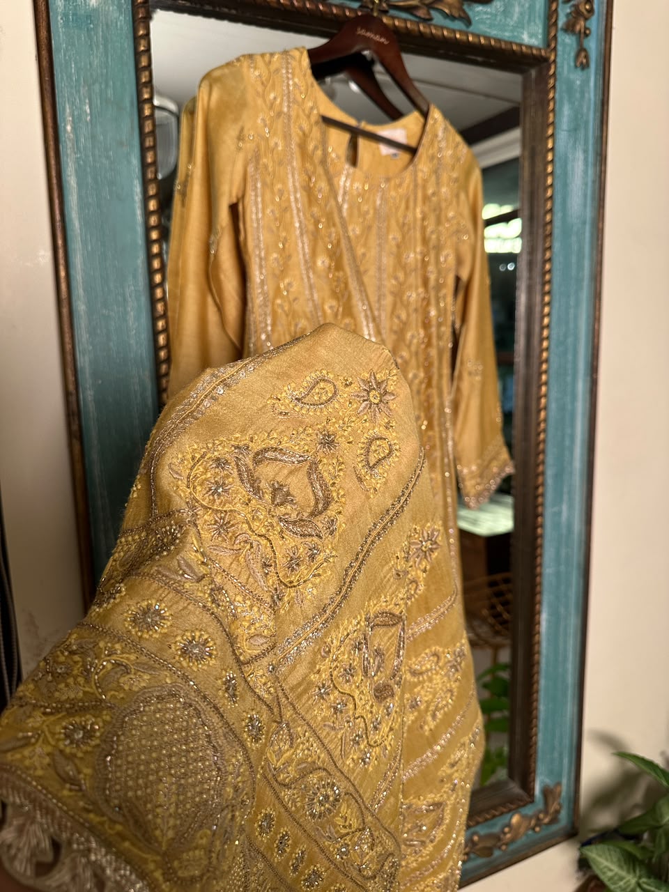 Gold Yellow Moonga Silk Chikankari Anarkali With Dupatta