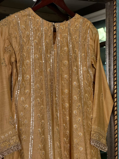 Gold Yellow Moonga Silk Chikankari Anarkali With Dupatta