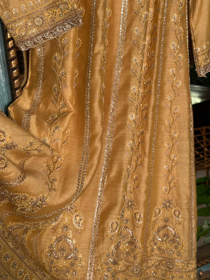 Gold Yellow Moonga Silk Chikankari Anarkali With Dupatta