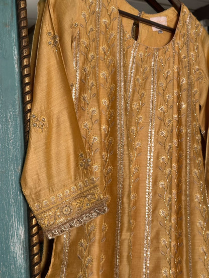 Gold Yellow Moonga Silk Chikankari Anarkali With Dupatta