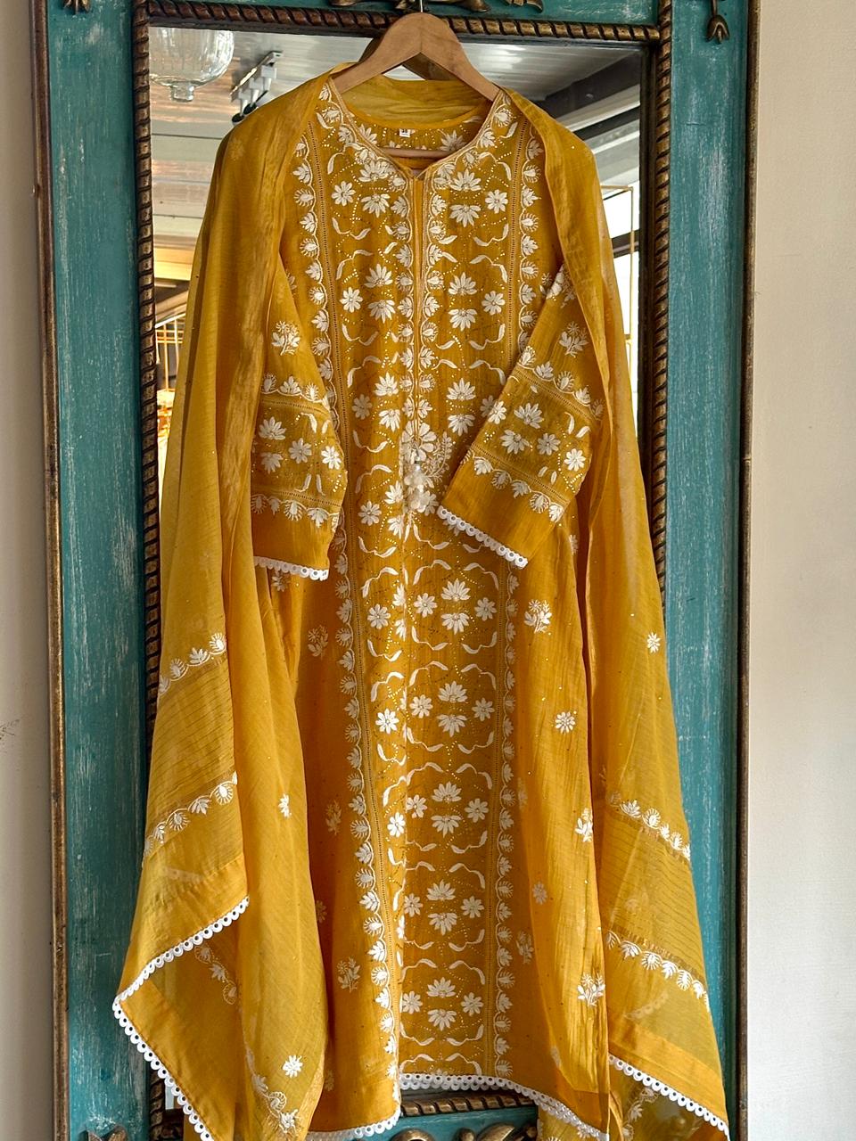Gold Yellow Mul Chanderi Mukaish Kamdani Chikankari Stitched Kurta Dupatta Set