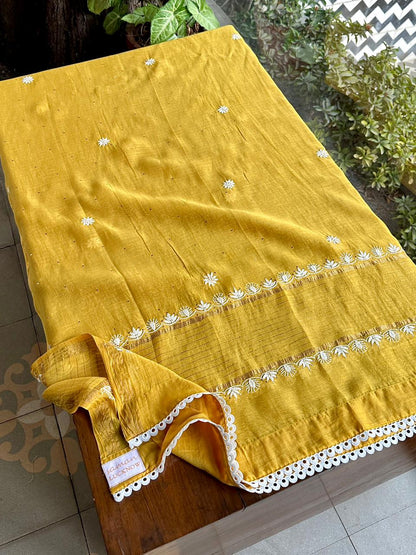 Gold Yellow Mul Chanderi Mukaish Kamdani Chikankari Stitched Kurta Dupatta Set