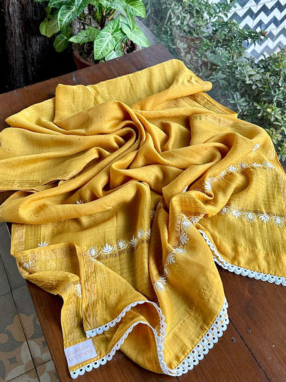 Gold Yellow Mul Chanderi Mukaish Kamdani Chikankari Stitched Kurta Dupatta Set