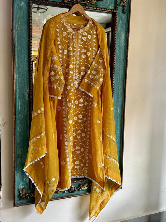 Gold Yellow Mul Chanderi Mukaish Kamdani Chikankari Stitched Kurta Dupatta Set