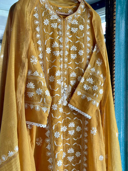 Gold Yellow Mul Chanderi Mukaish Kamdani Chikankari Stitched Kurta Dupatta Set