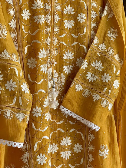 Gold Yellow Mul Chanderi Mukaish Kamdani Chikankari Stitched Kurta Dupatta Set
