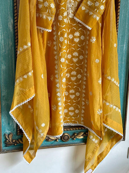 Gold Yellow Mul Chanderi Mukaish Kamdani Chikankari Stitched Kurta Dupatta Set