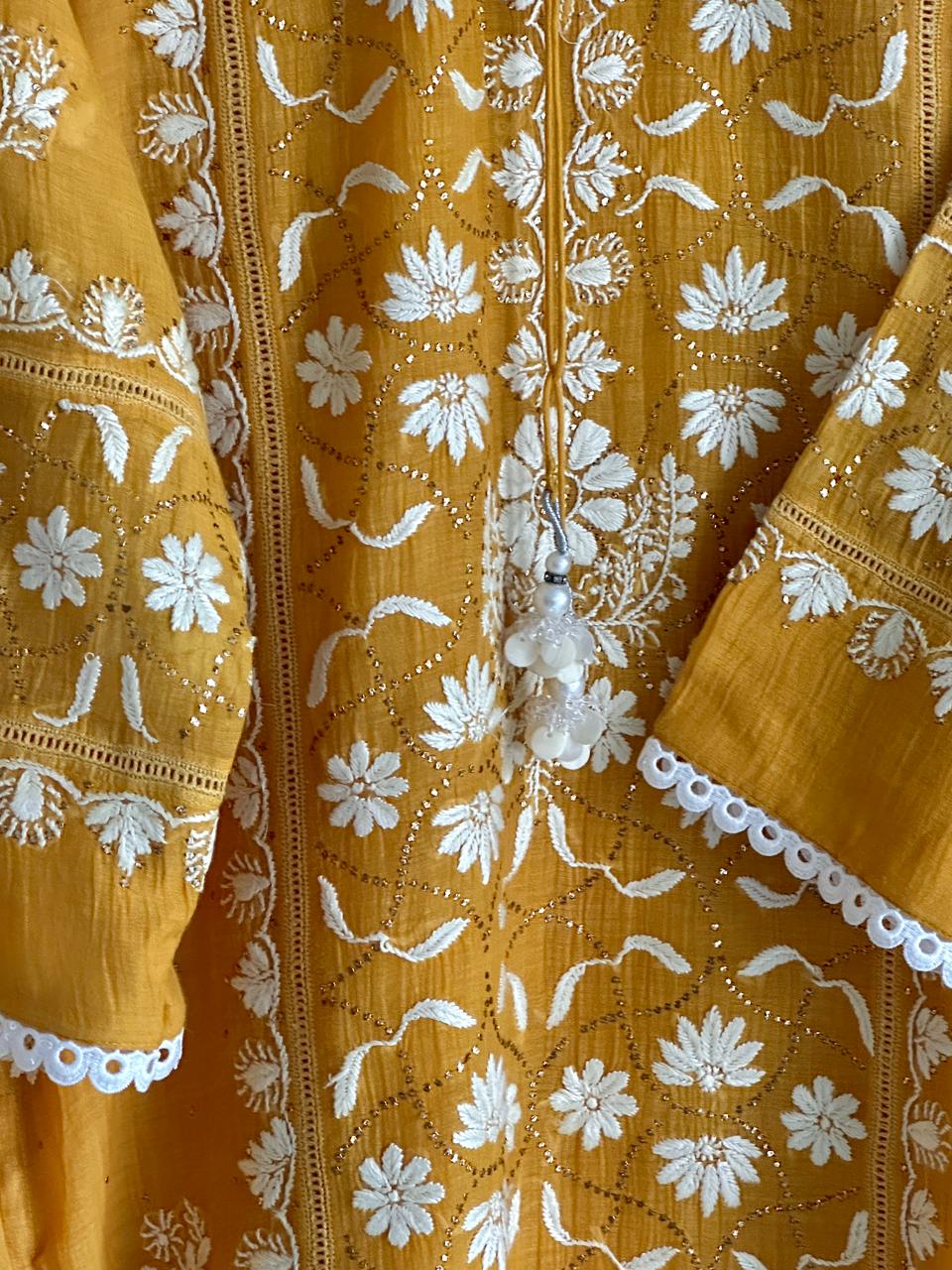 Gold Yellow Mul Chanderi Mukaish Kamdani Chikankari Stitched Kurta Dupatta Set