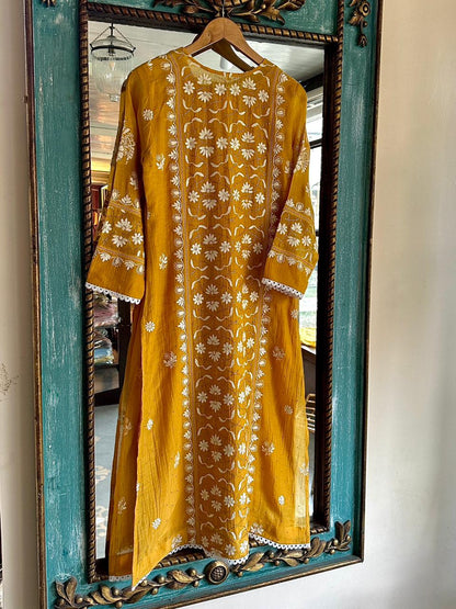 Gold Yellow Mul Chanderi Mukaish Kamdani Chikankari Stitched Kurta Dupatta Set