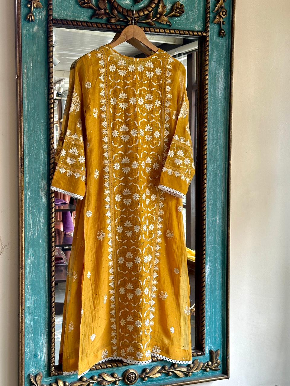 Gold Yellow Mul Chanderi Mukaish Kamdani Chikankari Stitched Kurta Dupatta Set