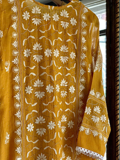 Gold Yellow Mul Chanderi Mukaish Kamdani Chikankari Stitched Kurta Dupatta Set