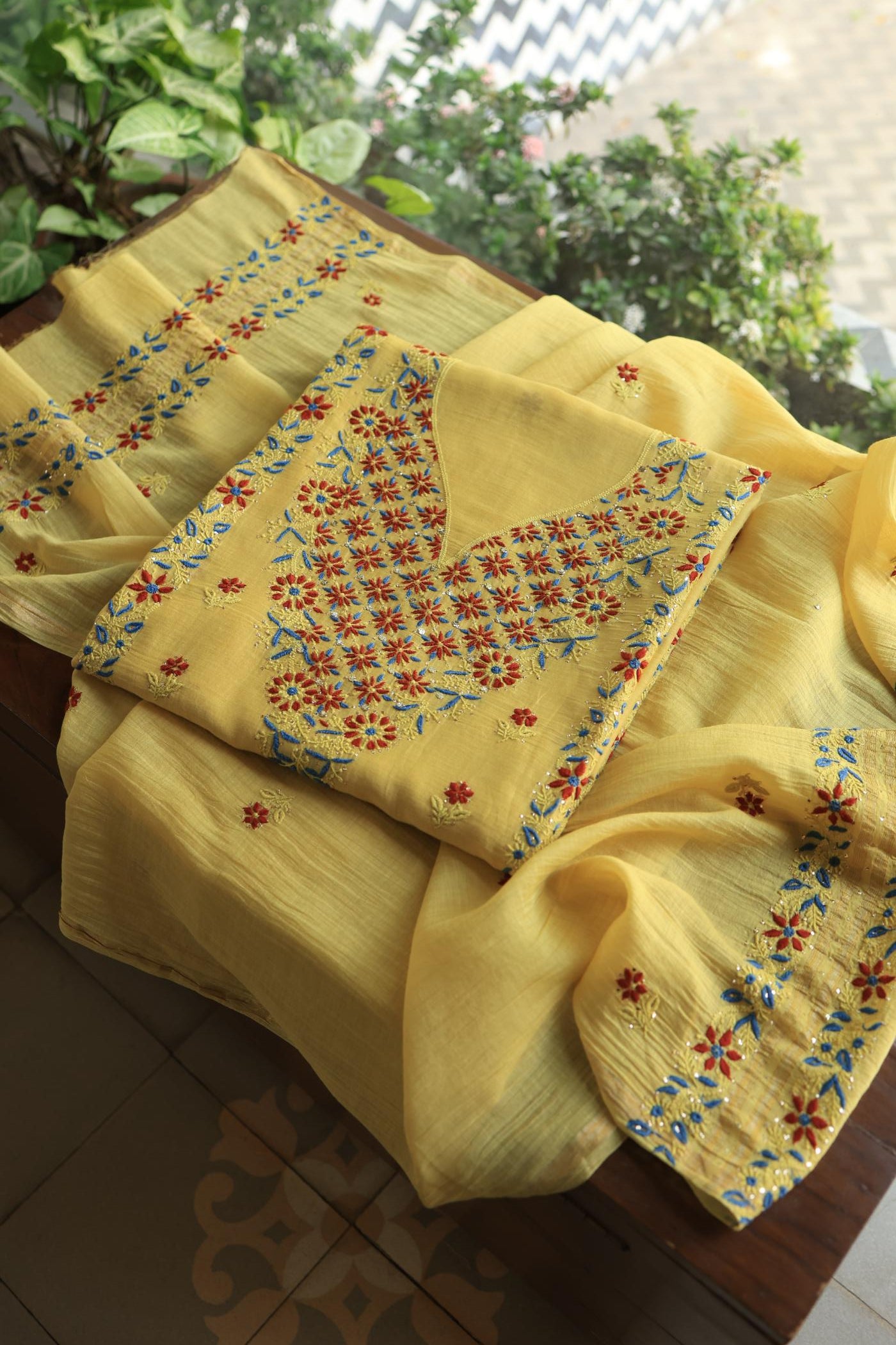 Gold Yellow Mul Chanderi Silk Kalamkari Unstitched Kurta Dupatta Set