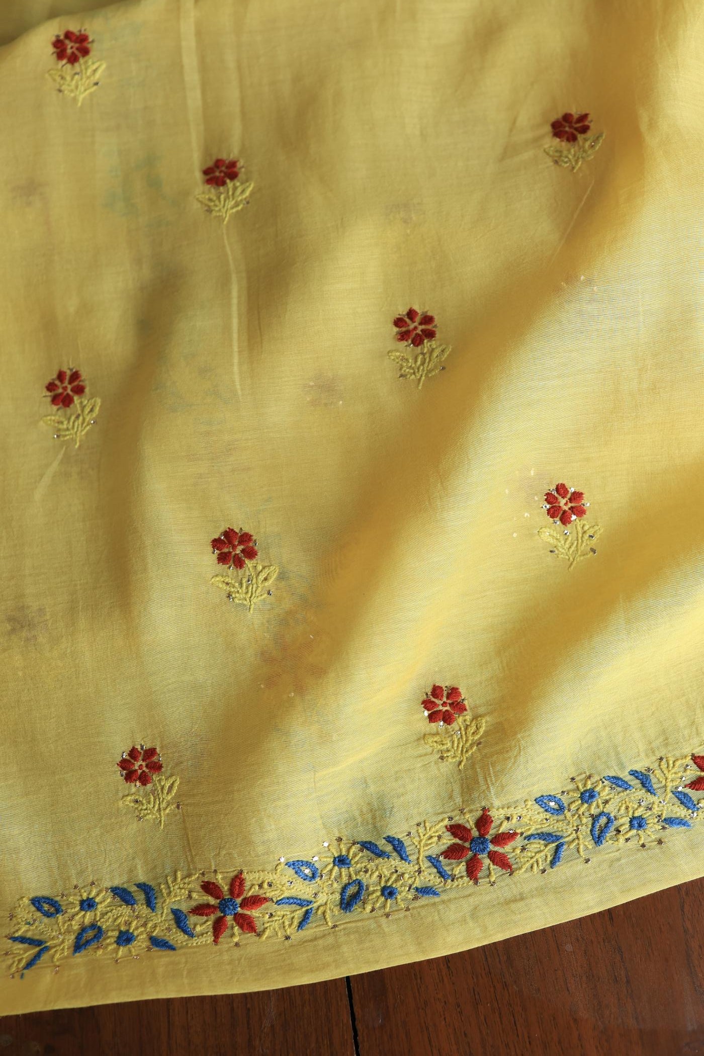 Gold Yellow Mul Chanderi Silk Kalamkari Unstitched Kurta Dupatta Set