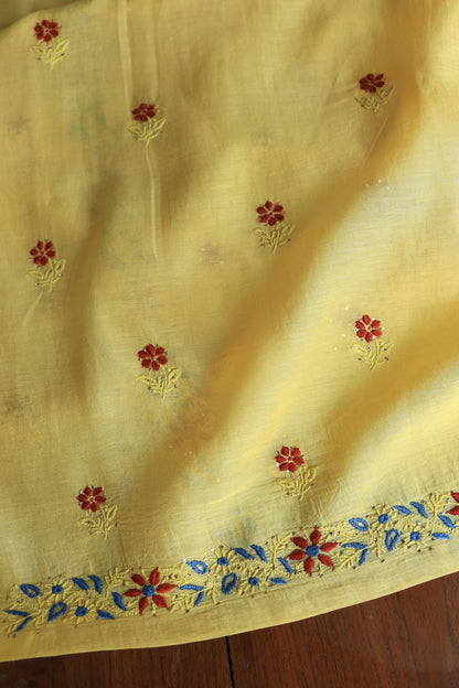 Gold Yellow Mul Chanderi Silk Kalamkari Unstitched Kurta Dupatta Set