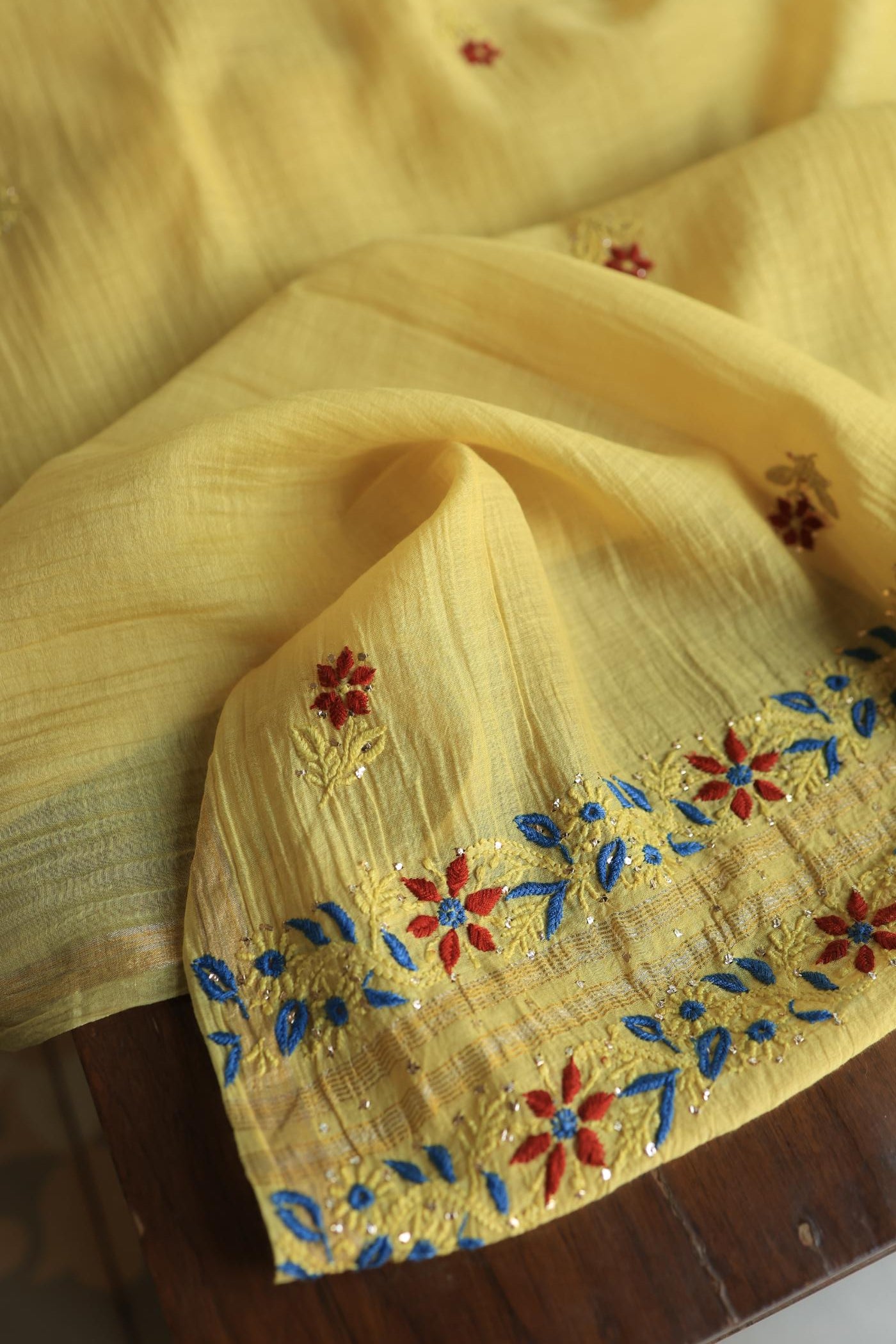 Gold Yellow Mul Chanderi Silk Kalamkari Unstitched Kurta Dupatta Set