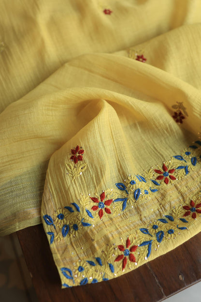 Gold Yellow Mul Chanderi Silk Kalamkari Unstitched Kurta Dupatta Set