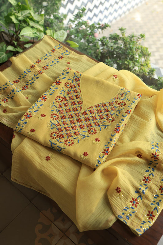 Gold Yellow Mul Chanderi Silk Kalamkari Unstitched Kurta Dupatta Set