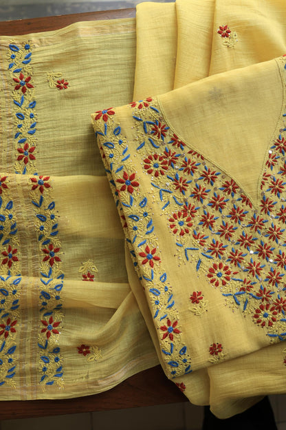 Gold Yellow Mul Chanderi Silk Kalamkari Unstitched Kurta Dupatta Set