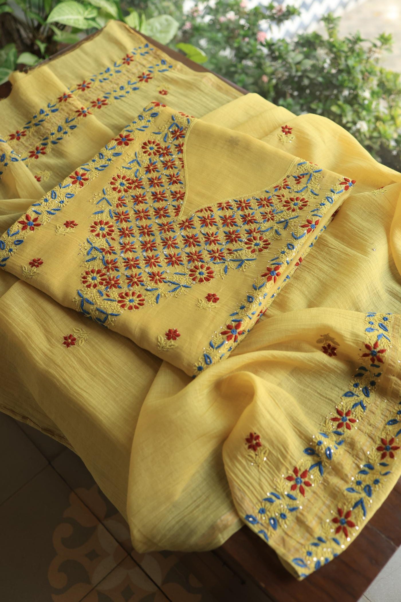 Gold Yellow Mul Chanderi Silk Kalamkari Unstitched Kurta Dupatta Set