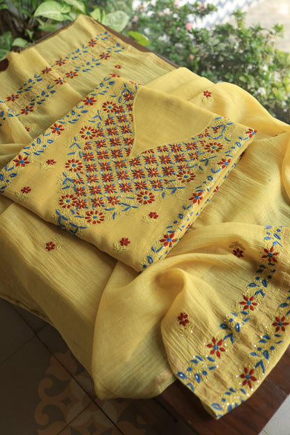 Gold Yellow Mul Chanderi Silk Kalamkari Unstitched Kurta Dupatta Set