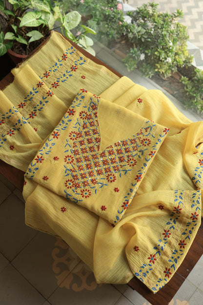 Gold Yellow Mul Chanderi Silk Kalamkari Unstitched Kurta Dupatta Set